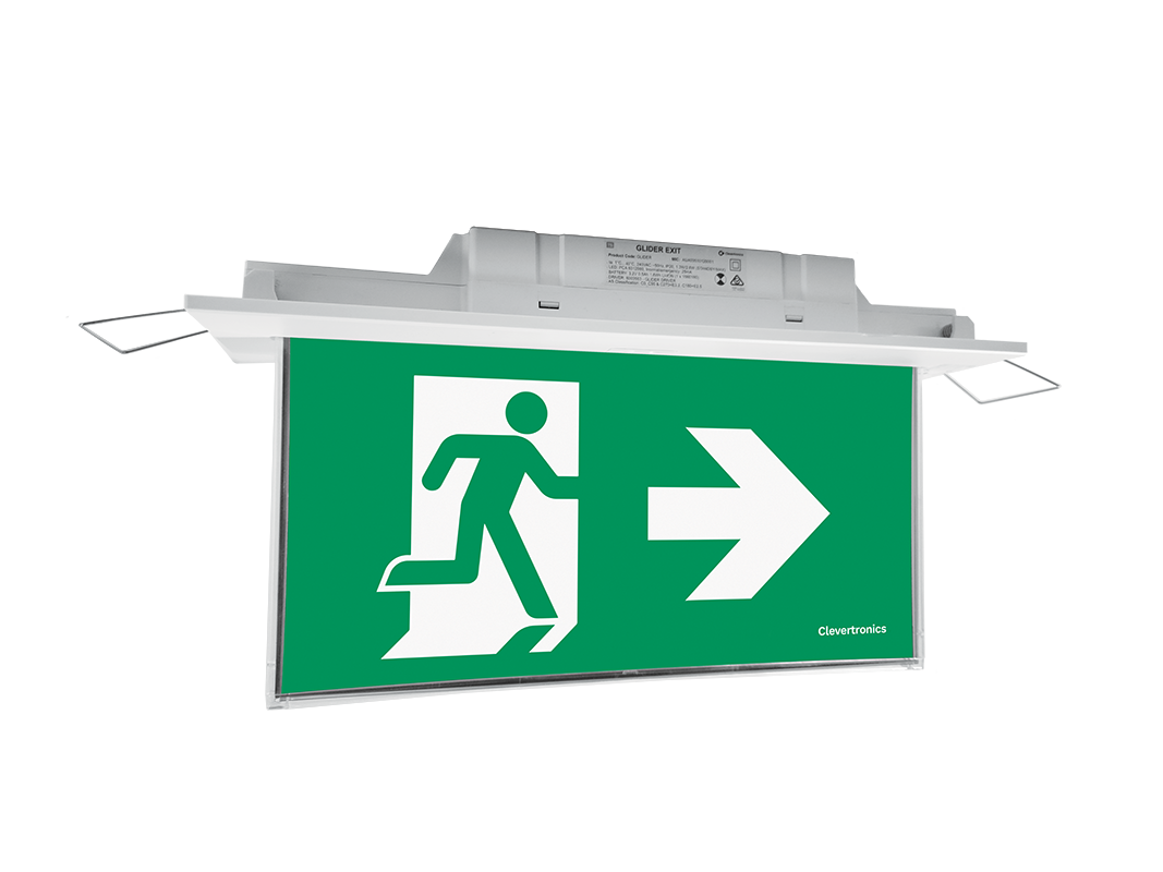 Glider Exit, Recessed Ceiling Mount, CLP, All Pictograms, Single or Double Sided